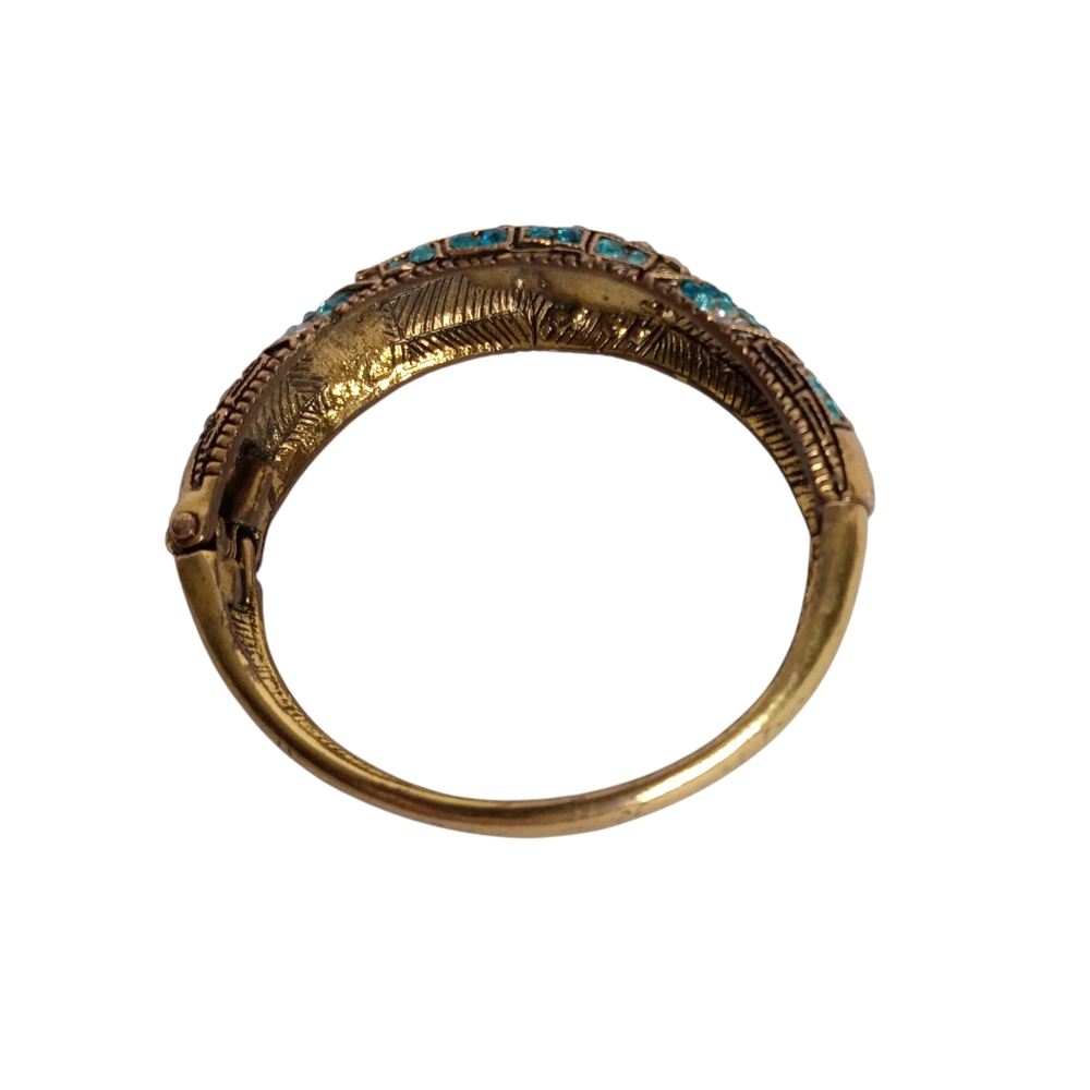 Gold and Blue Mosaic Women's Bracelet Has Aqua And‎ Clear Rhinestones HINGED - Picture 4 of 5